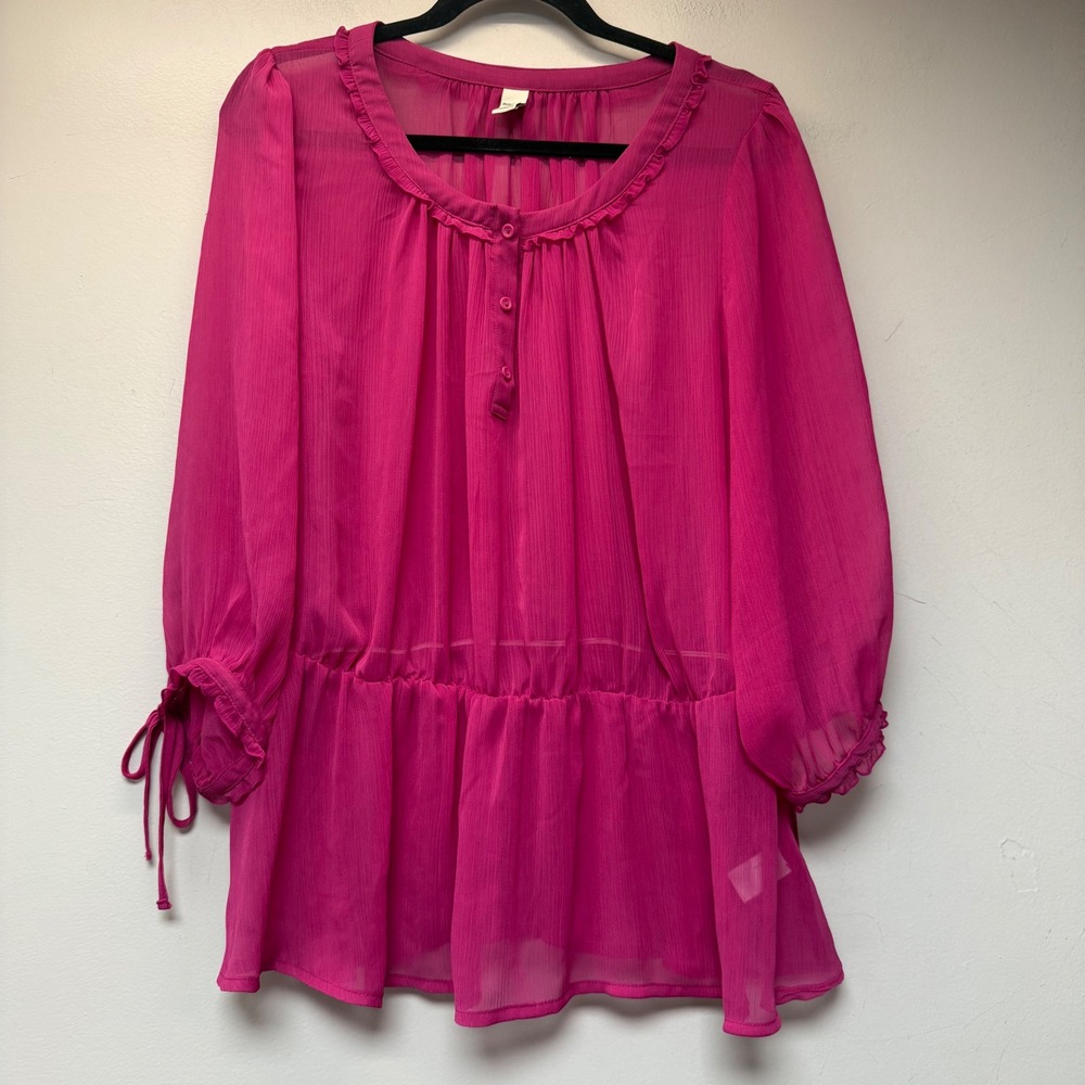 Old Navy Blouse Womens Large Pink Excellent Sheer Ruffle Peplum Chiffon Top